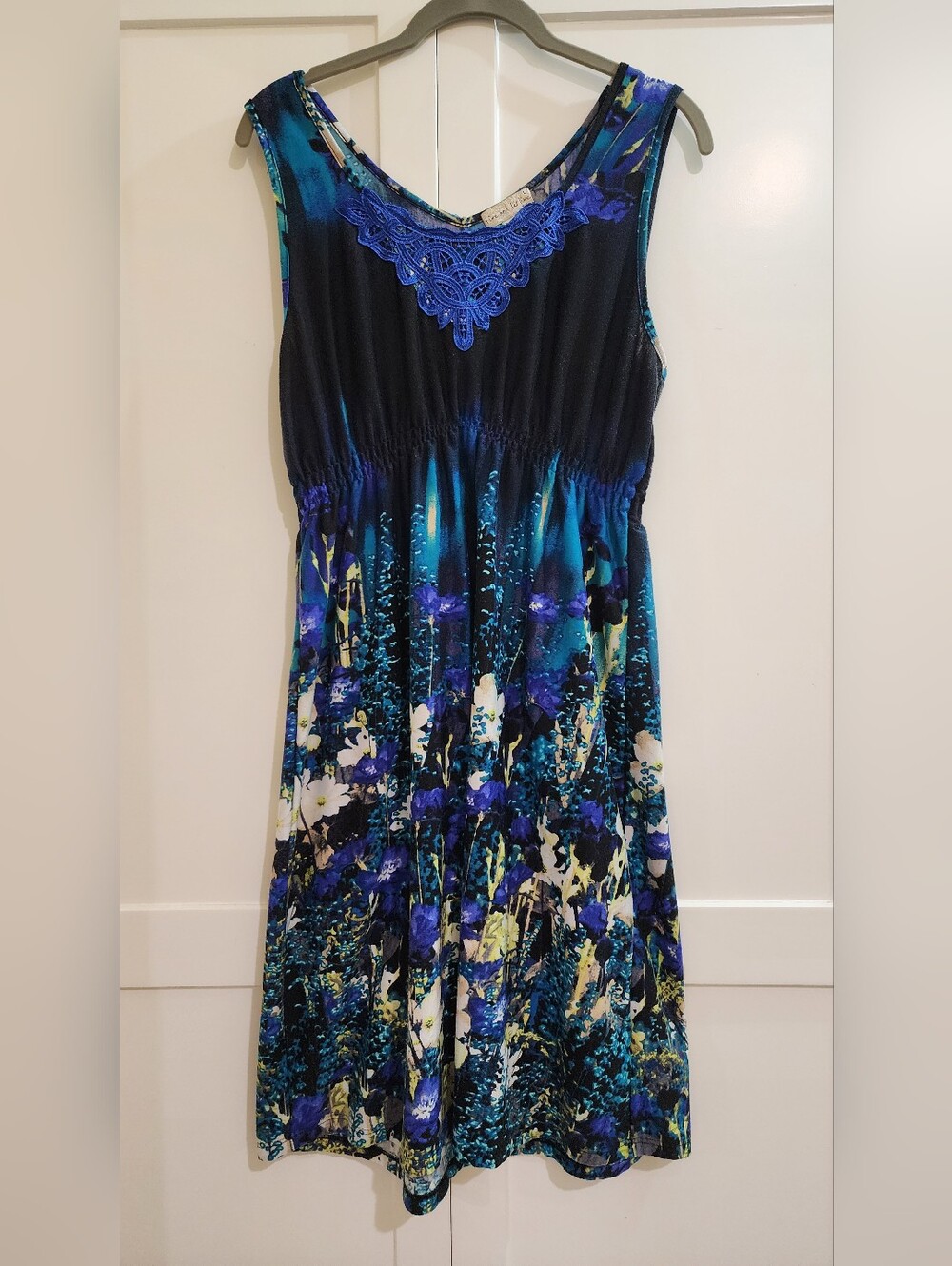 live and let live Blue and Teal Floral Midi Dress with Lace Yoke
